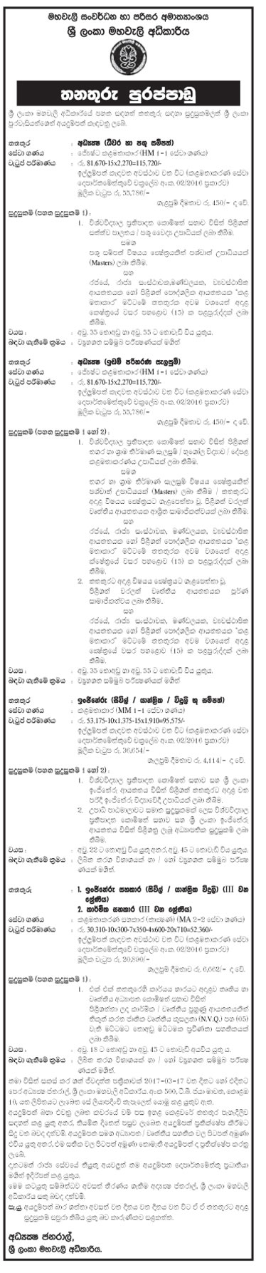 Director (Fisheries & Livestock, Land Utilization Planning), Engineer (Civil, Mechanical, Electrical, Geo Resources), Engineering Assistant (Civil, Mechanical, Electrical), Technical Assistant - Mahaweli Authority of Sri Lanka 